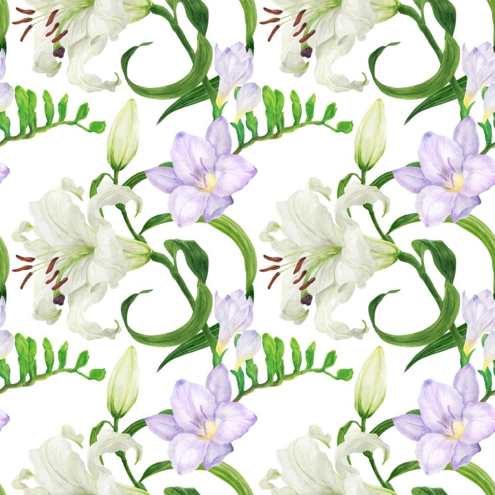 Lily and freesia flowers watercolor seamless pattern vector