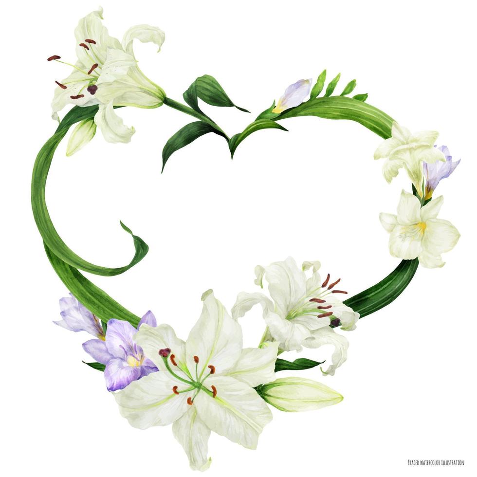 Tropical heart wreath with oriental lily and freesia vector