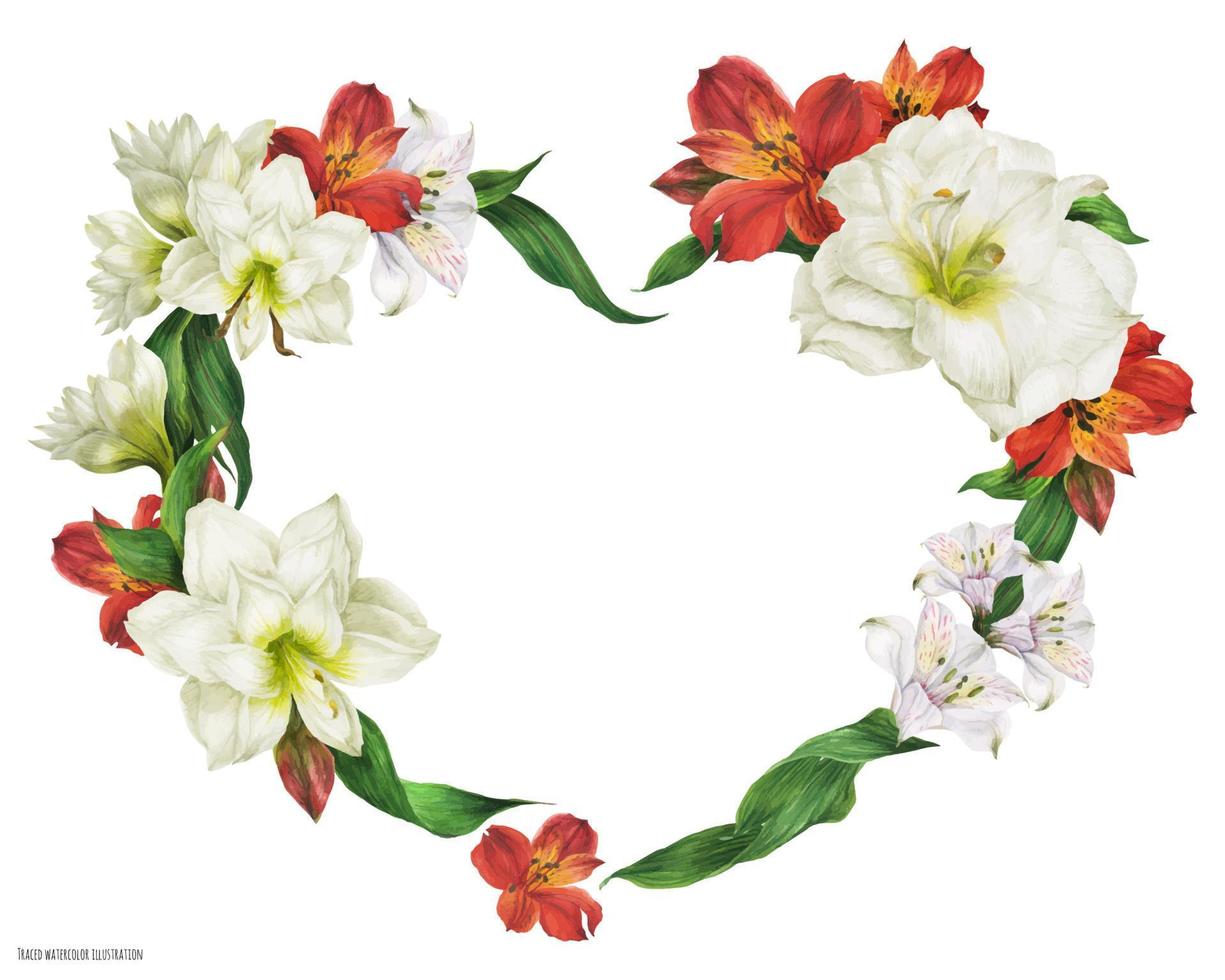 Romantic wedding heart shape garland with white and red flowers vector