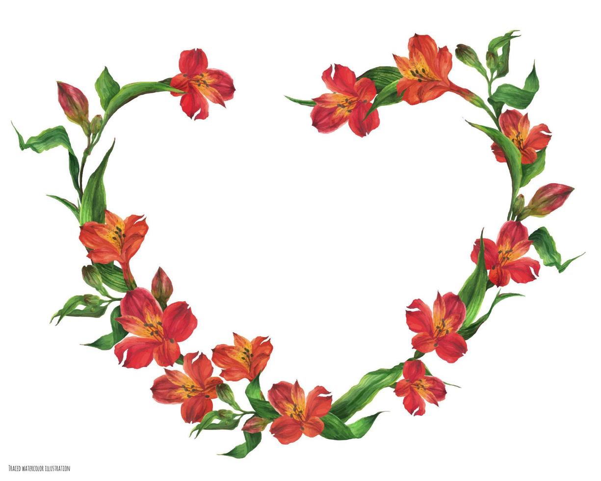 corona romántica en forma de corazón con flores rojas vector