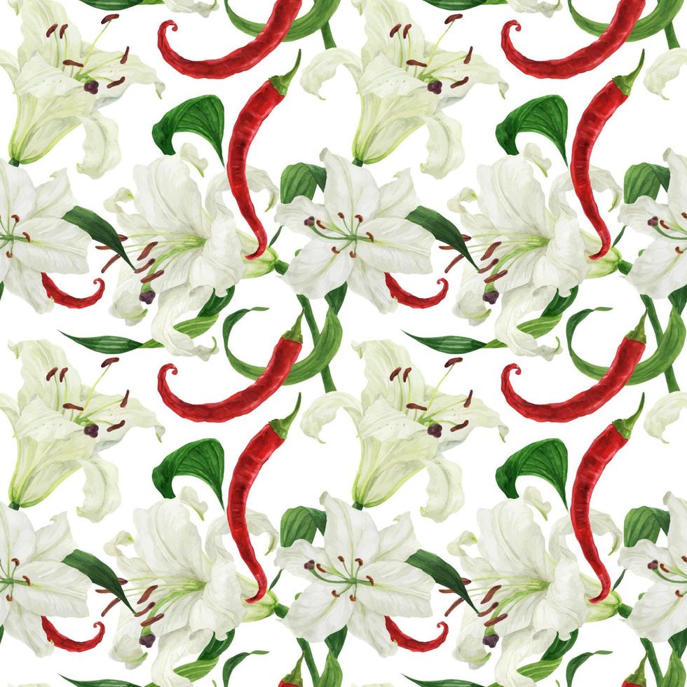 Tropical white lilies and red chilies watercolor seamless pattern vector