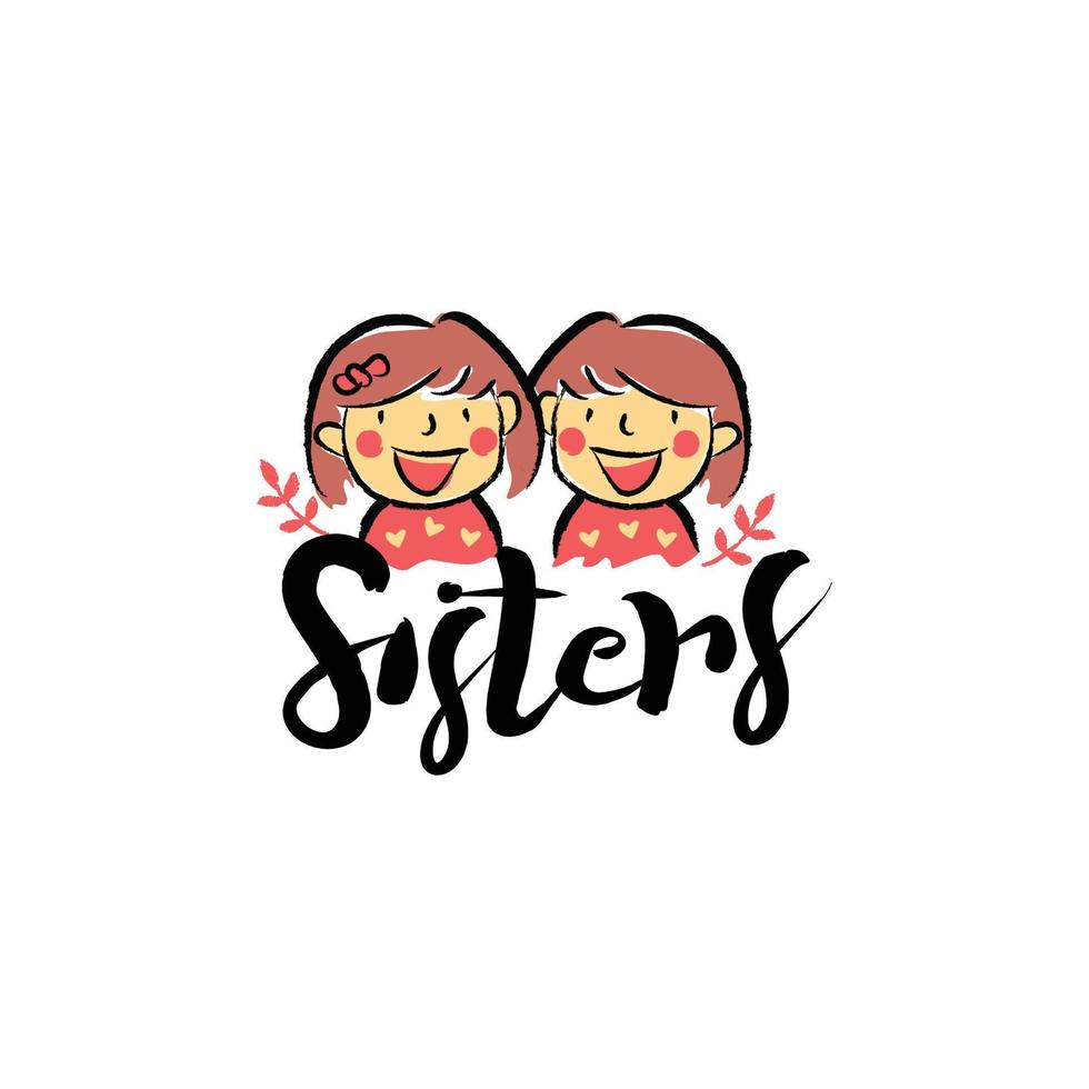 Crayon Style Two Sisters Illustration Logo  Design Template vector