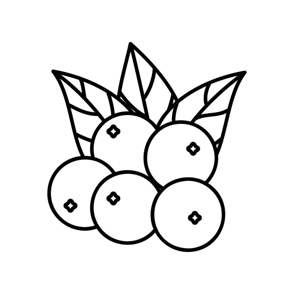 icono de bayas con hojas para comida o fruta fresca en estilo de contorno negro vector