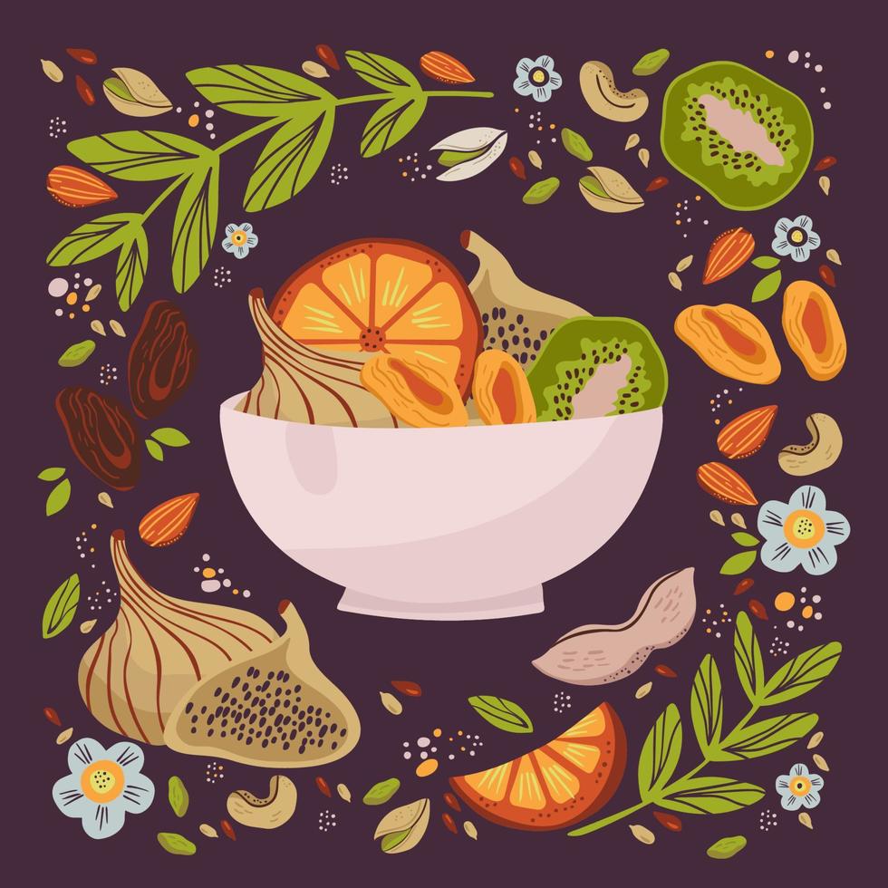 Colorful hand drawn vector illustration of dried fruits and nuts. Organic snack.