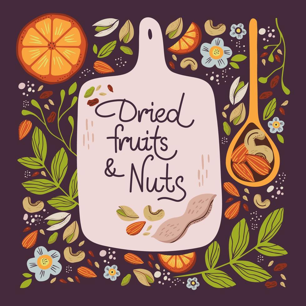 Hand drawn dried fruits and nuts. Ingredients of healthy snack. Vector illustration
