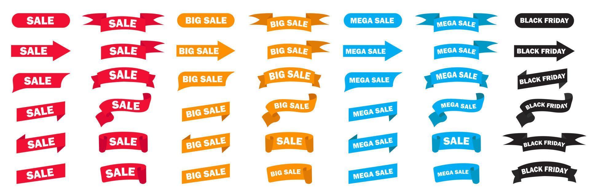 venta y viernes negro, mega venta, gran venta. banners para la venta de ofertas de descuento. pegatinas con los mejores precios. plantillas de banners promocionales. vector