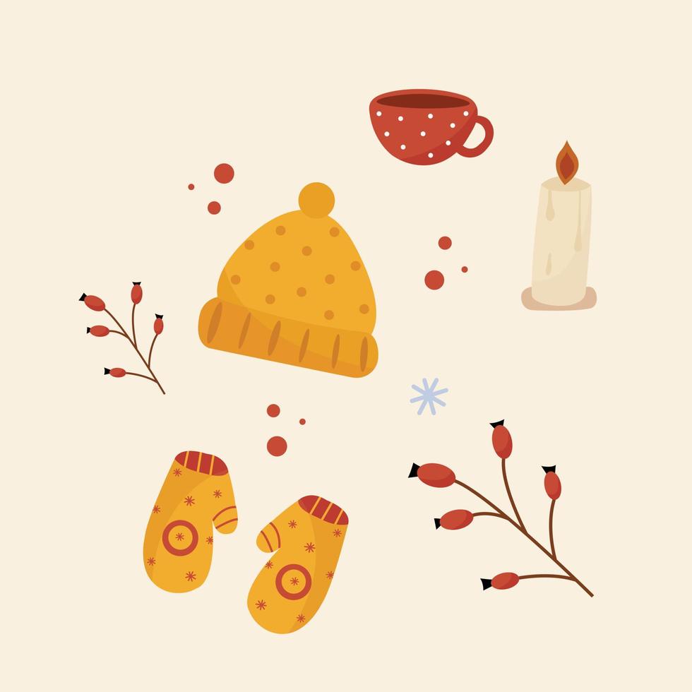 Autumn bundle of cute and cozy hygge elements. Set of fall twigs with leaves, foliage, berries, candle, hat, gloves. vector