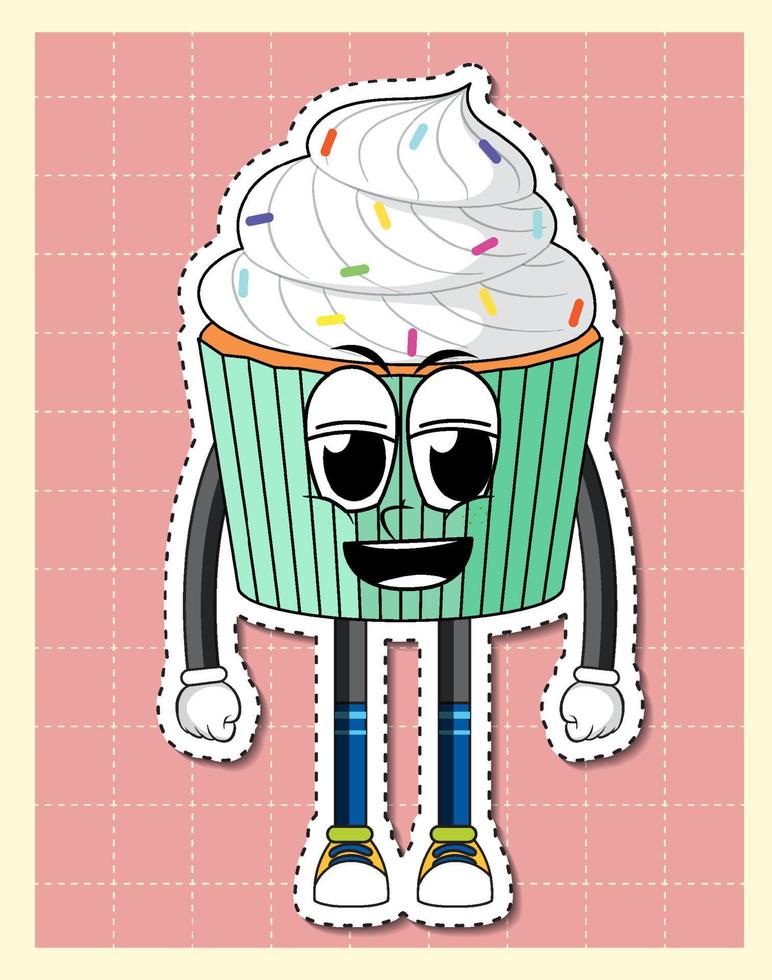 lindo personaje de dibujos animados de cupcake en el fondo de la cuadrícula vector