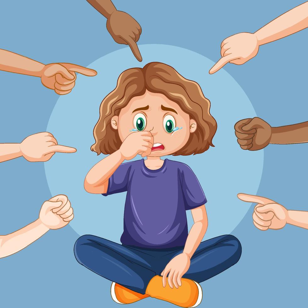 Sad girl surrounded by pointing fingers vector