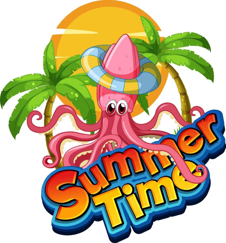 Octopus cartoon character with summer time word vector