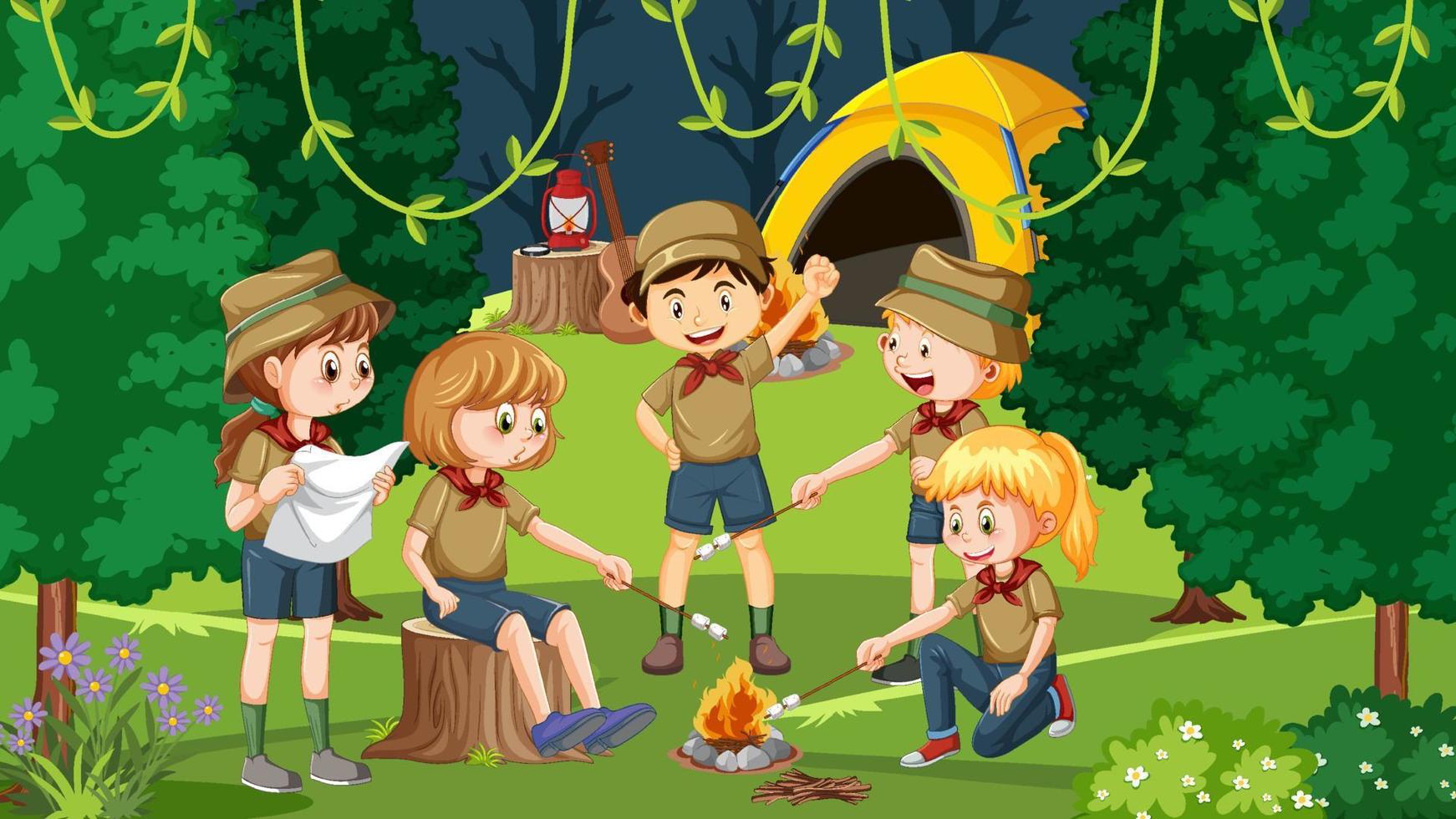 Outdoor camping with scout kids vector