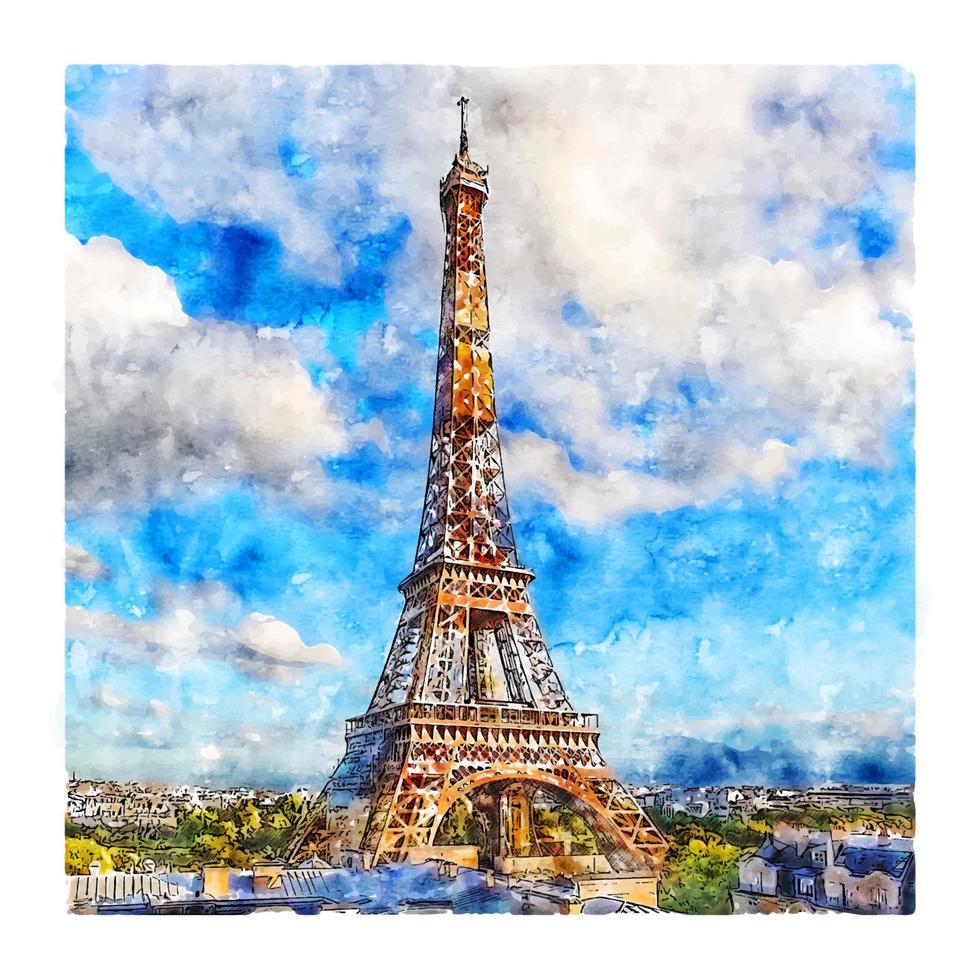 Eiffel Tower Paris France Watercolor sketch hand drawn illustration vector