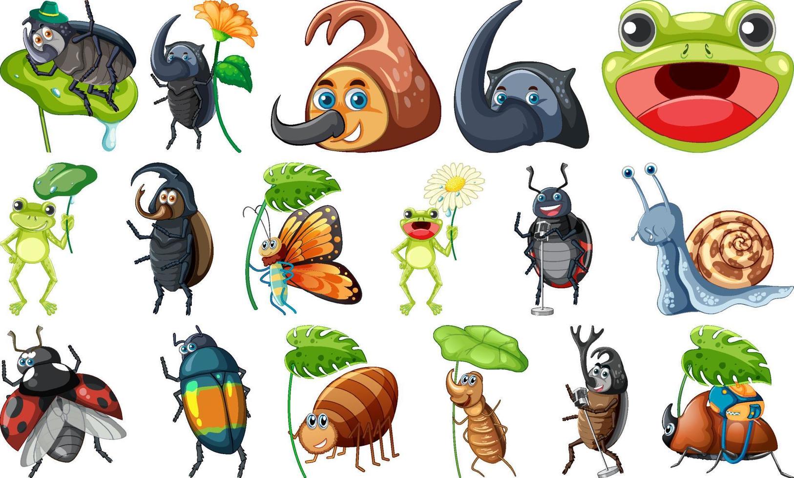 Set of various insects and amphibians cartoon vector