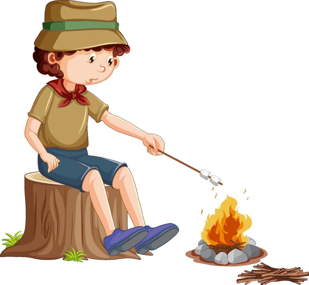 Scout boy roasting marshmallow vector