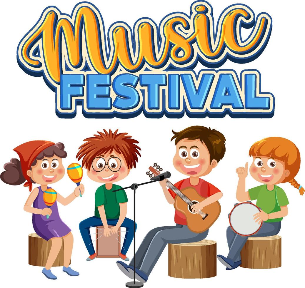 Music festival text with children playing musical instrument vector