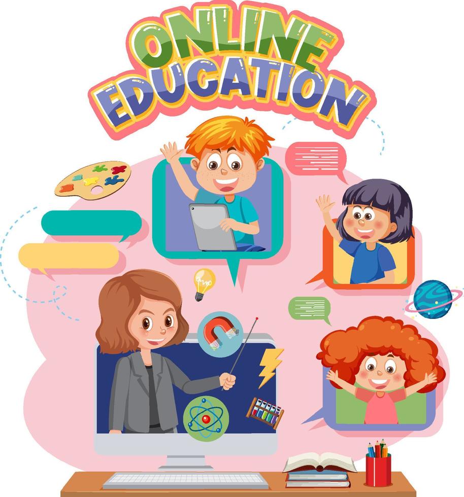 Online education word with kids vector