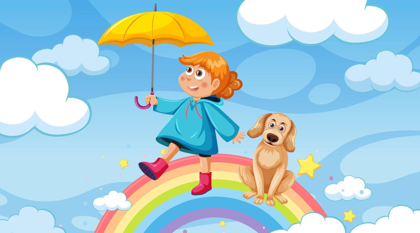 una niña de pie en el arco iris con su perro vector