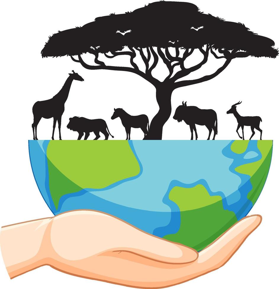 Silhouette wild animals with half of earth vector