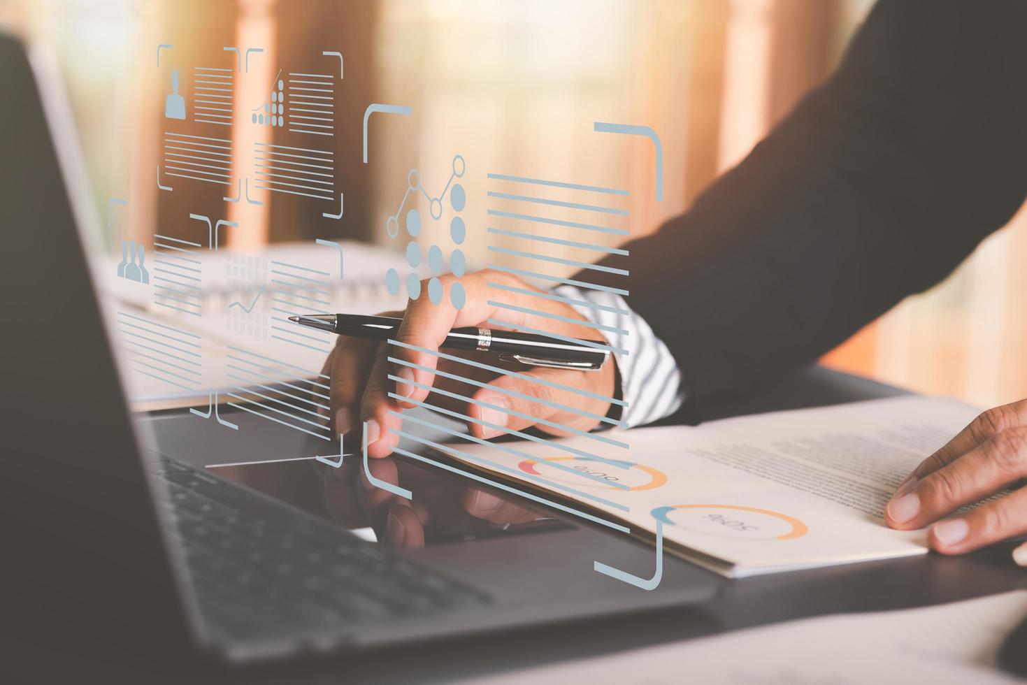 business people analyze data in marketing white paper with statistics from charts and graphs Management of business documents and financial and investment strategies. business growth consulting photo