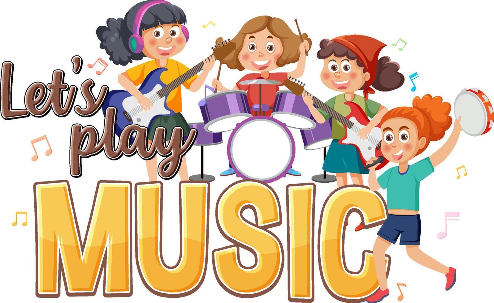 vamos a tocar texto musical con niños tocando instrumentos musicales vector