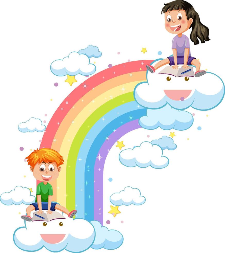 niños felices con arcoiris vector