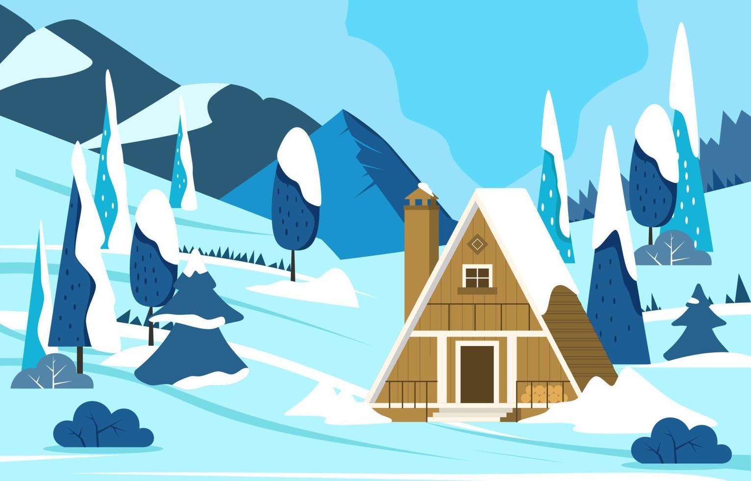 cabaña en medio de las montañas en el fondo de invierno vector