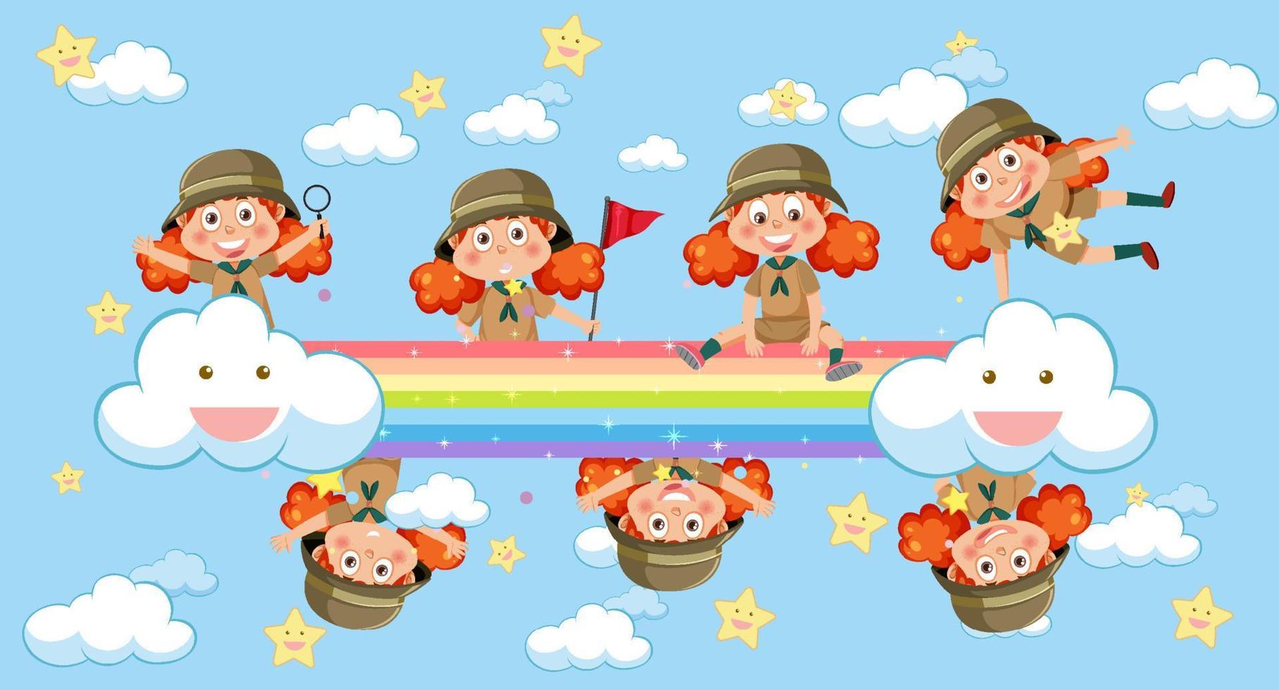 niños felices en el cielo con arco iris vector