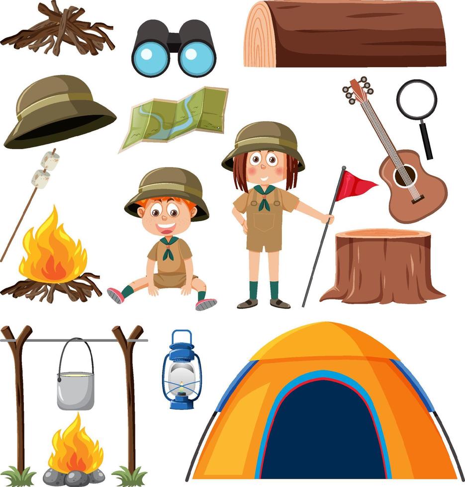 objetos de camping y juego de personajes de dibujos animados vector