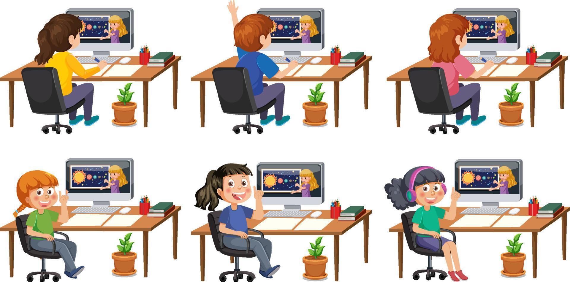 Set of different kids using computer vector