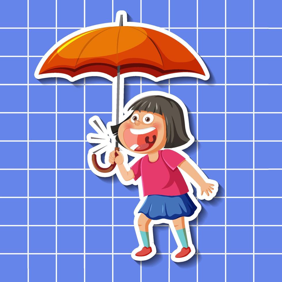 personaje de dibujos animados de niña linda con estilo de pegatina de paraguas vector