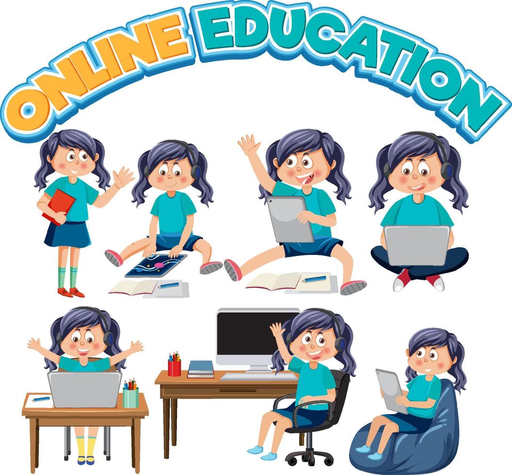 Set of kids using tablet and laptop vector
