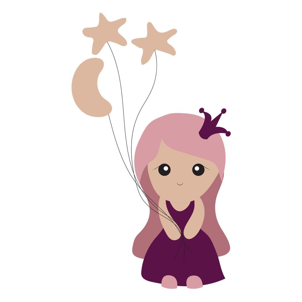 pequeña princesa linda con globos en forma de luna y estrellas. vector