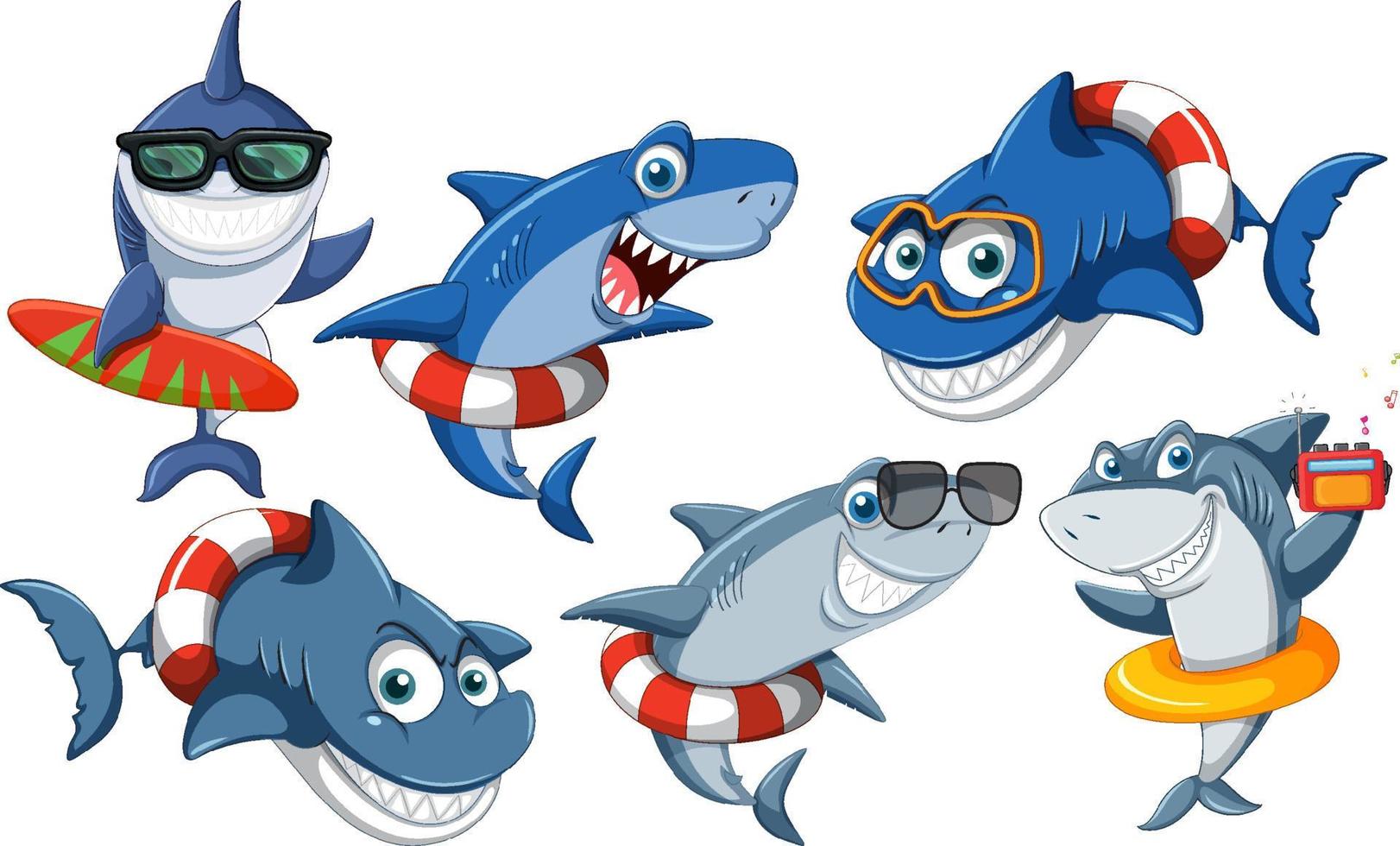 Set of summer shark cartoon character vector