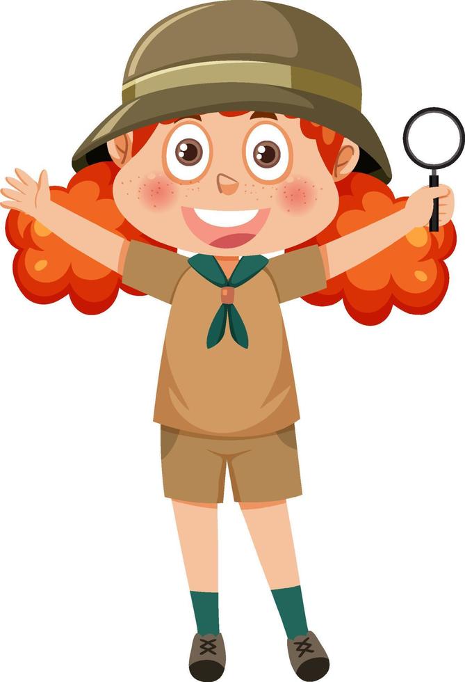 Cute girl scout cartoon character holding magnifying glass vector