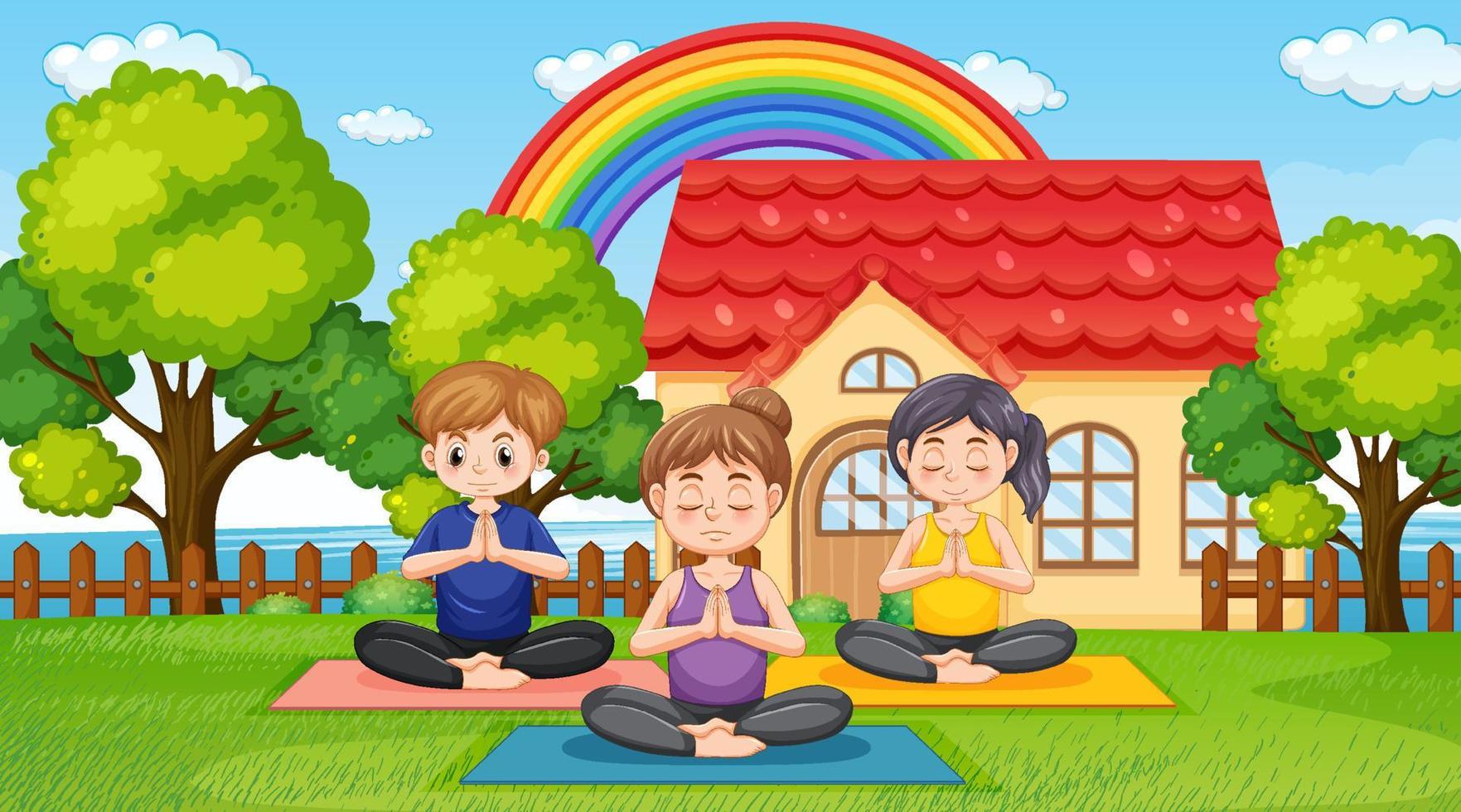 People doing yoga at park vector