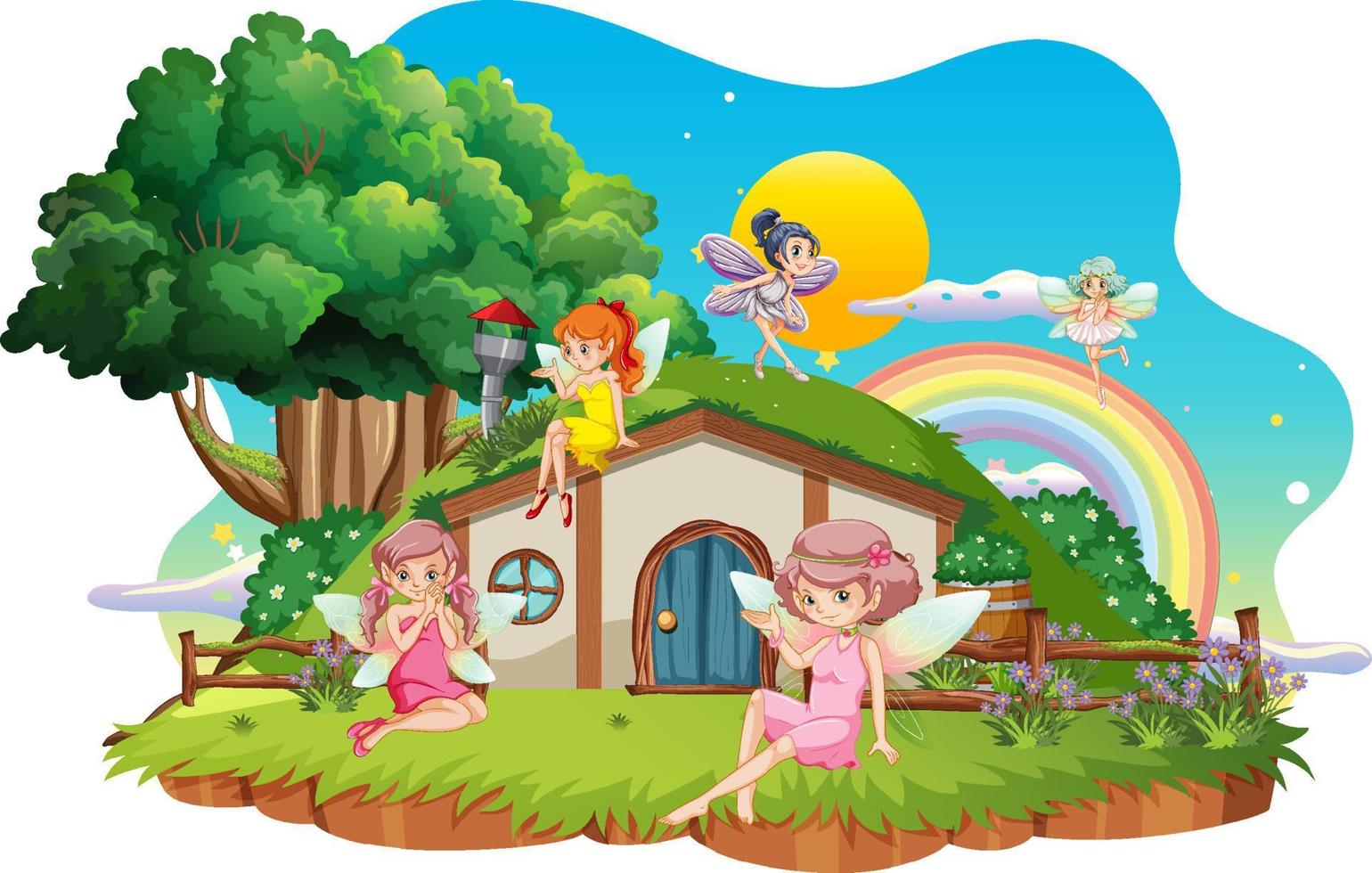 Fairies at hobbit house on white background vector