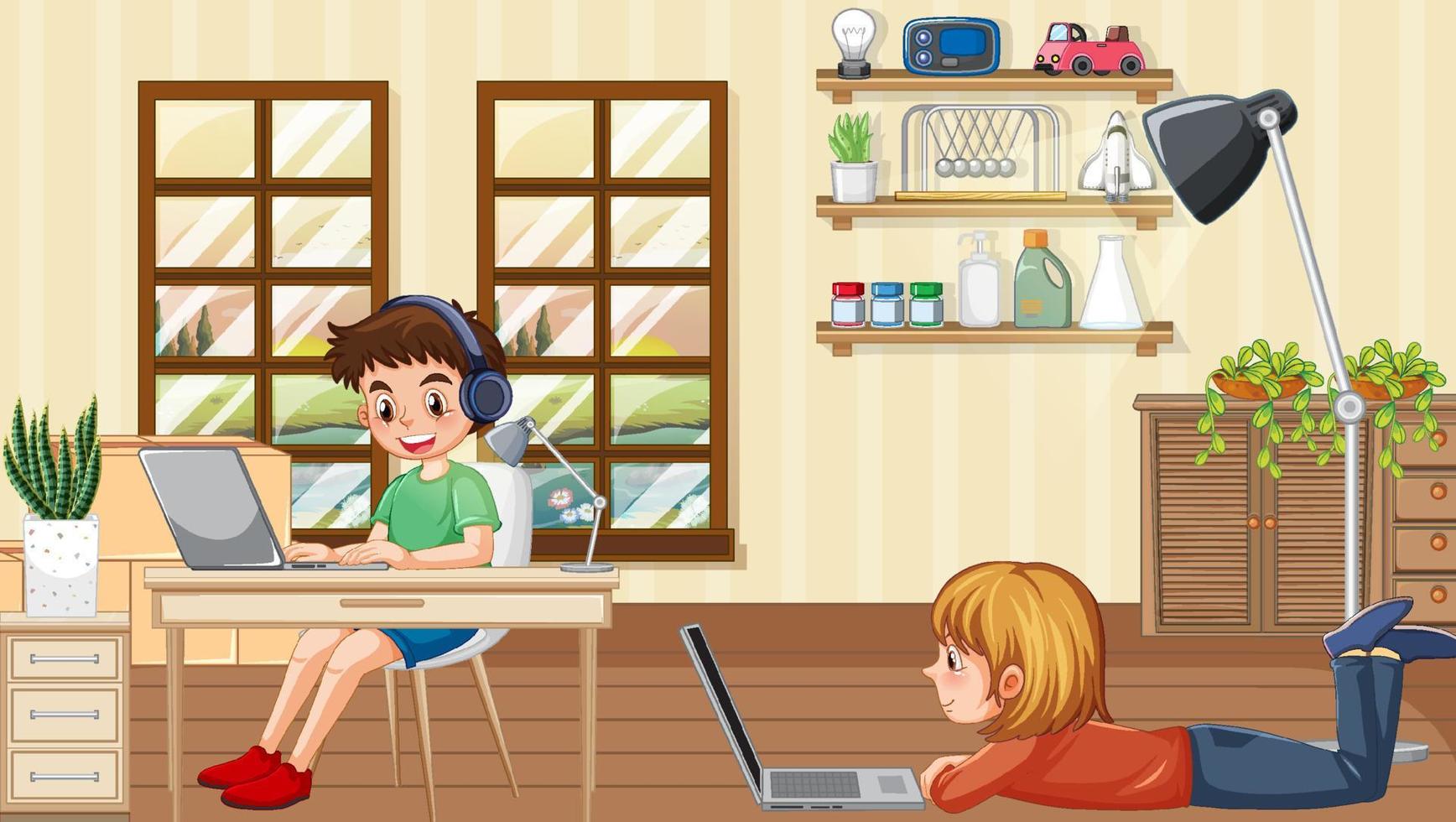 Children using technology devices at home vector