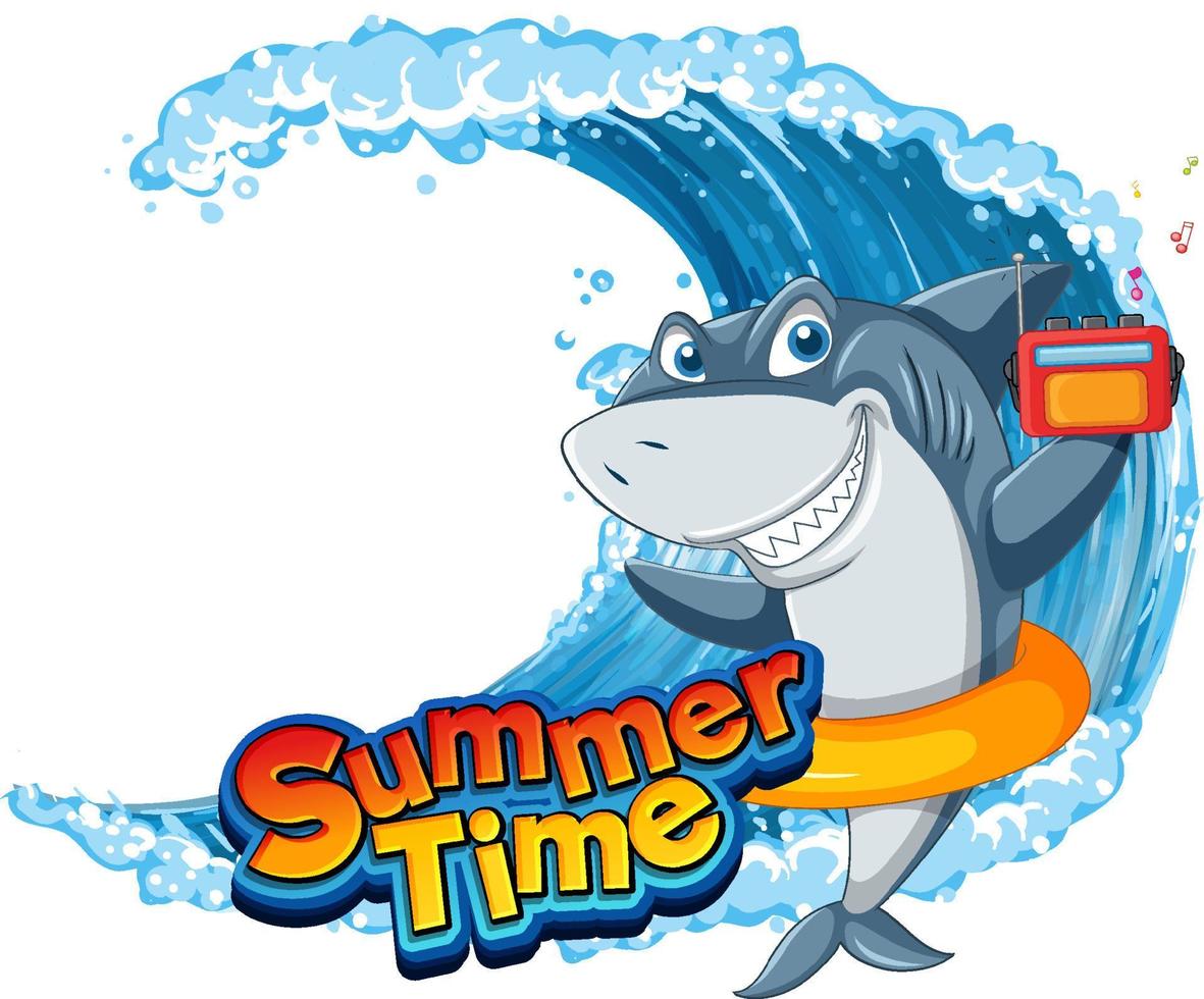 icono de horario de verano con personaje de dibujos animados de tiburón vector