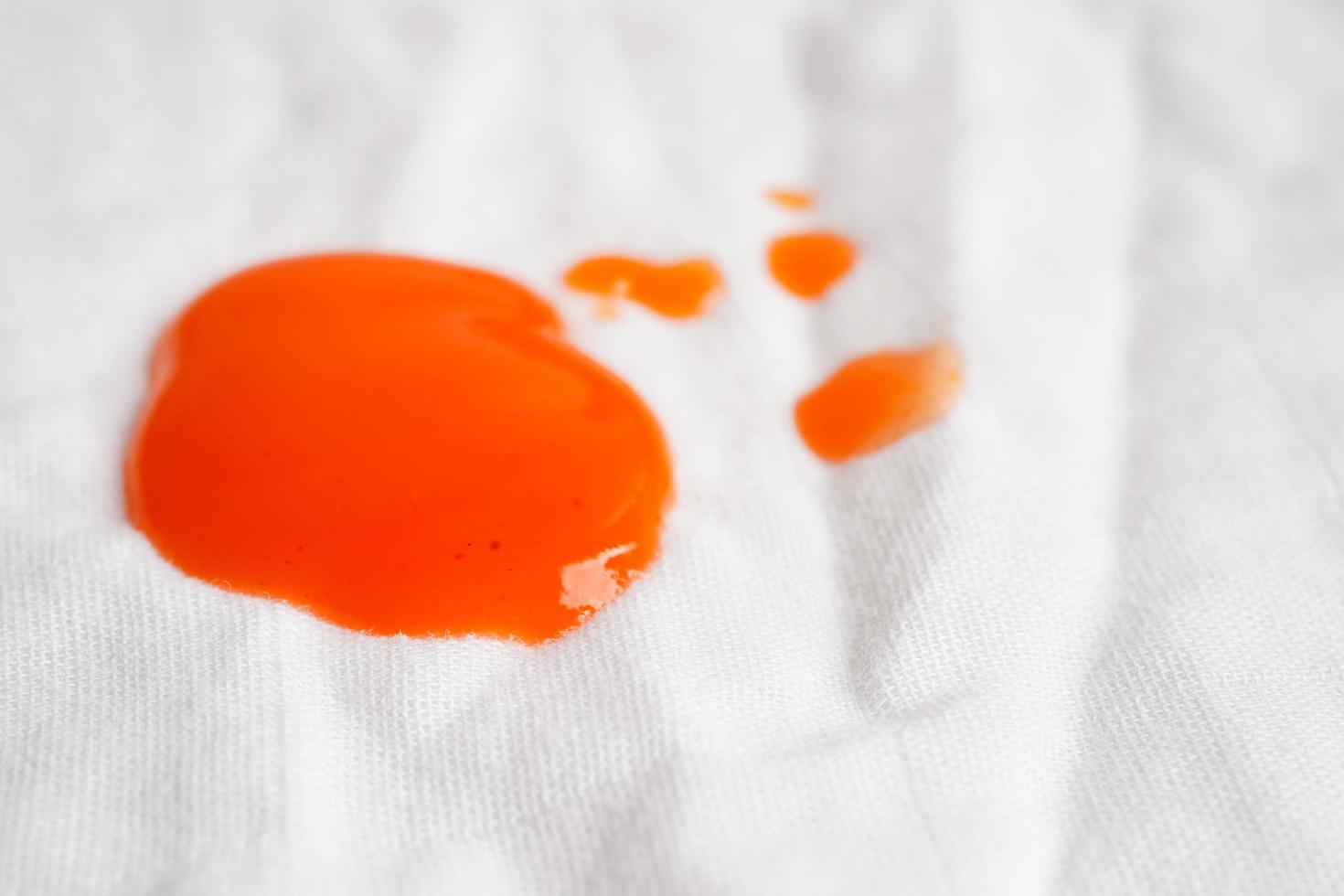 Dirty spicy sauce stain on cloth to wash with washing powder, cleaning housework concept. photo