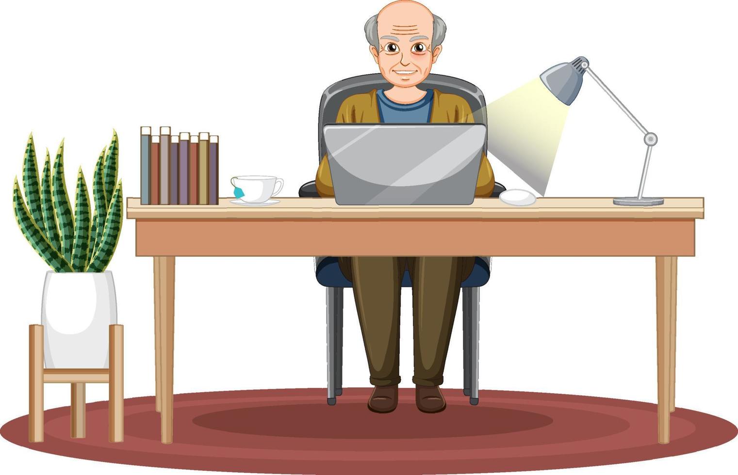 Old man using laptop on the desk vector