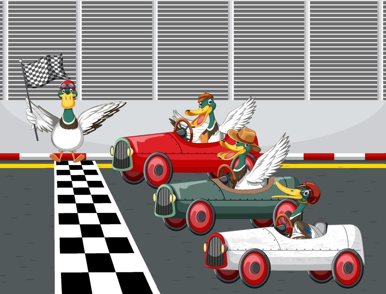 Soap box derby race with ducks cartoon character vector