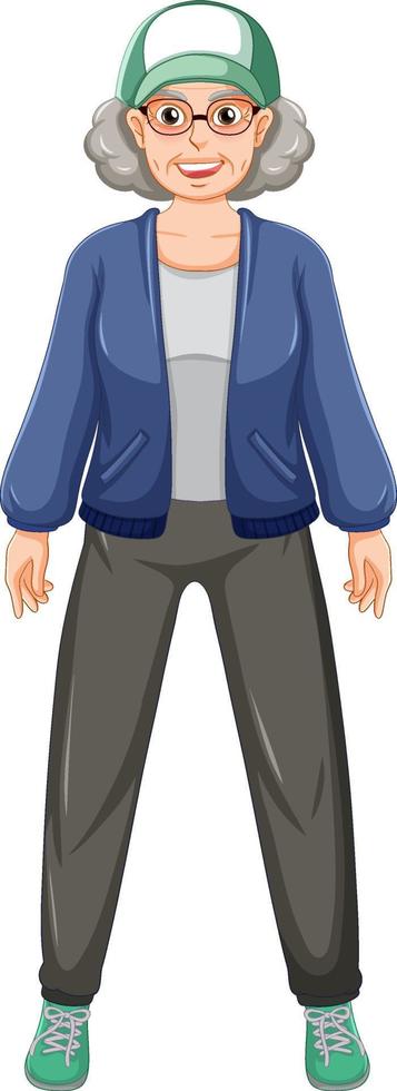 Female senior cartoon character exercising vector