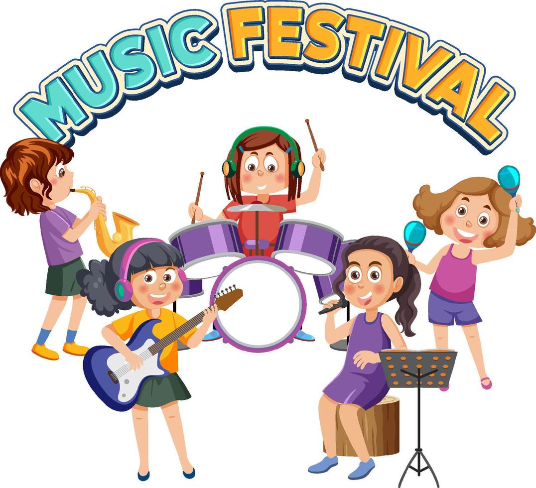 Music festival text with children playing musical instrument vector