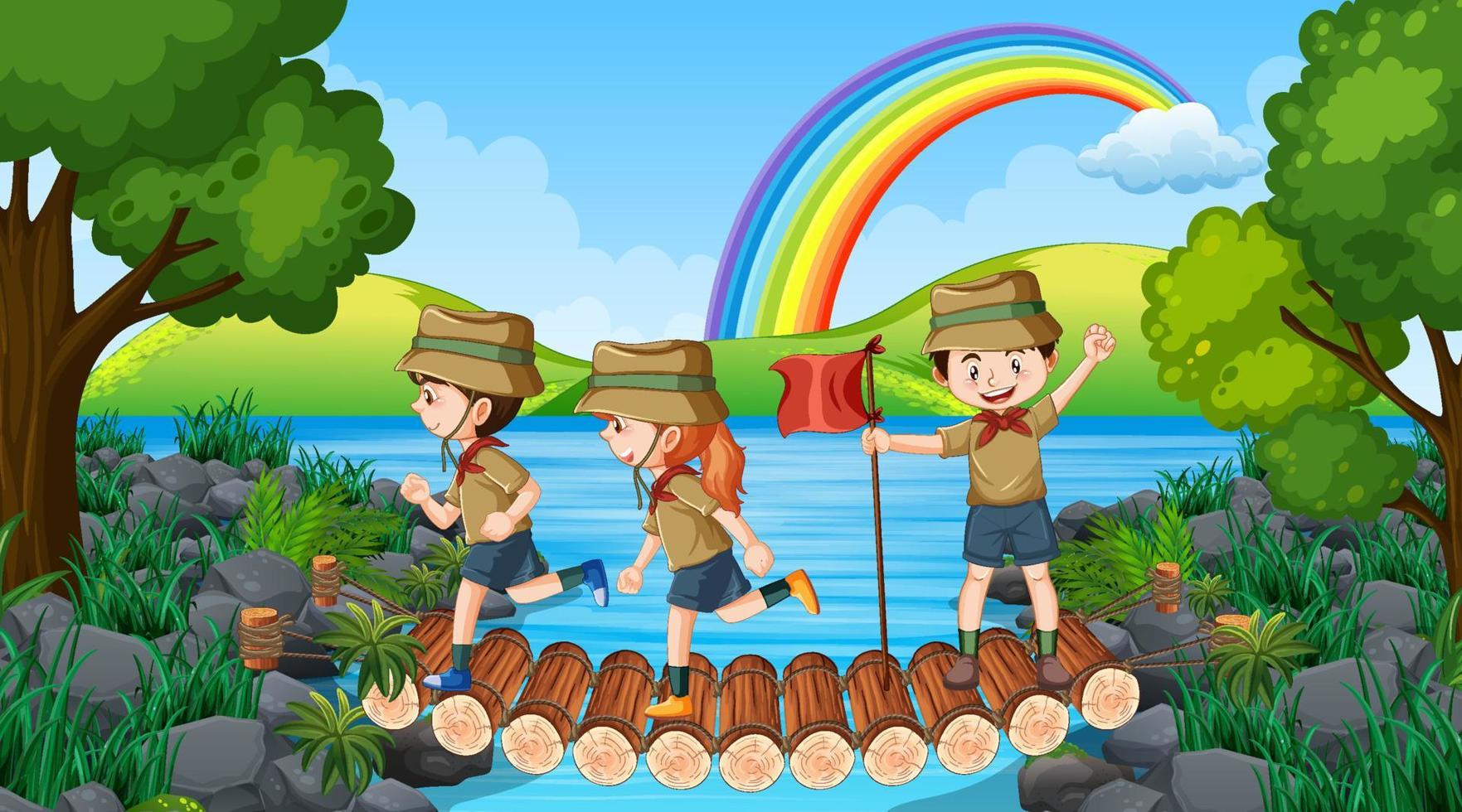 Scout kids hiking in the forest vector