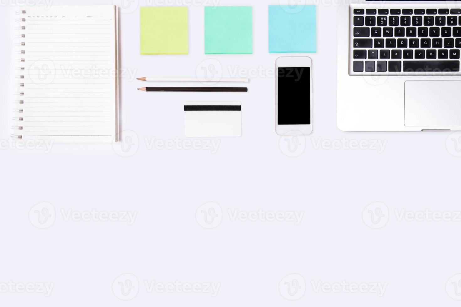 Top view of  white office desk table. photo