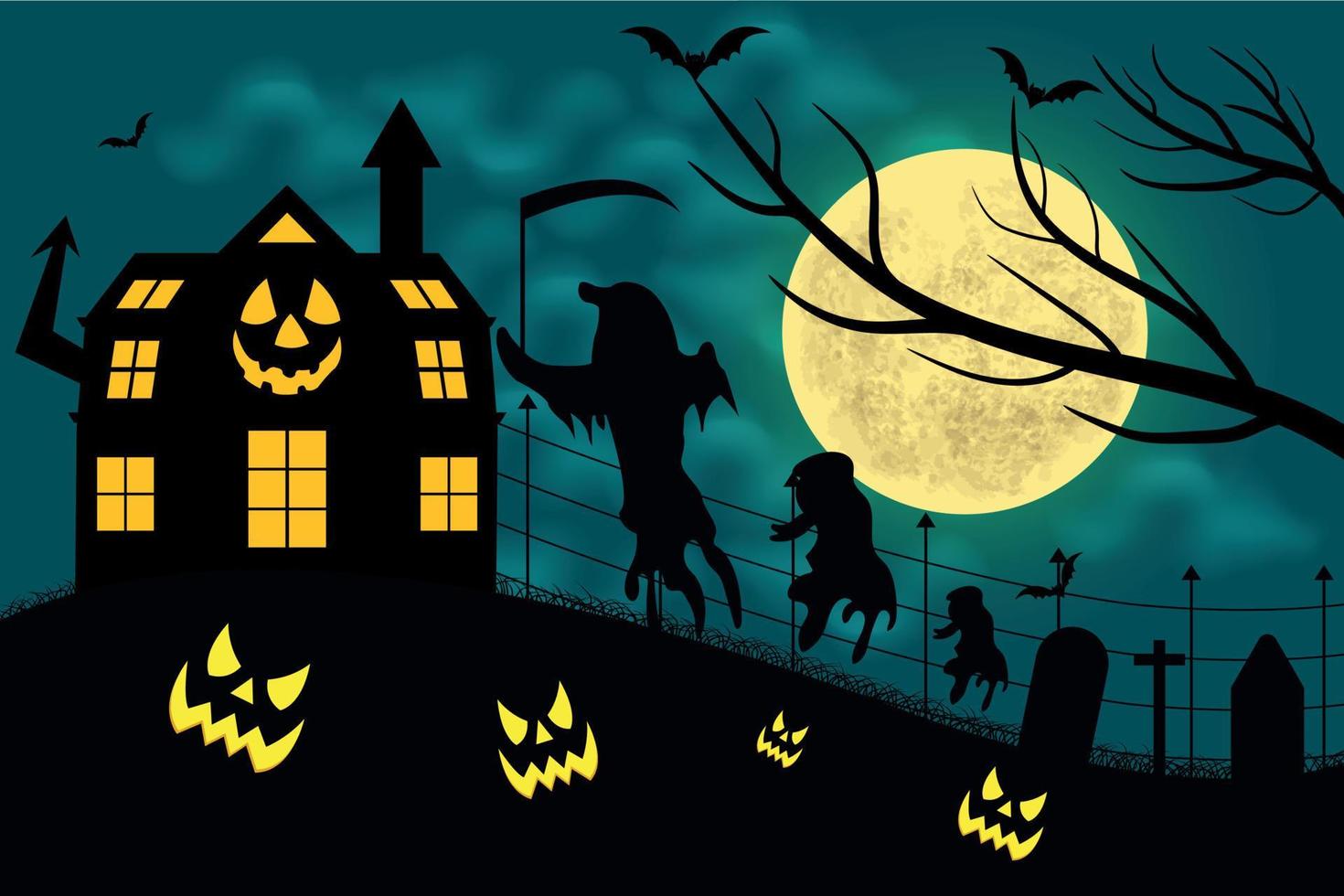 Happy Halloween Night Background. Halloween pumpkins, Graveyard, Spooky trees and Haunted House with Horror Halloween Concept Vector Illustration.