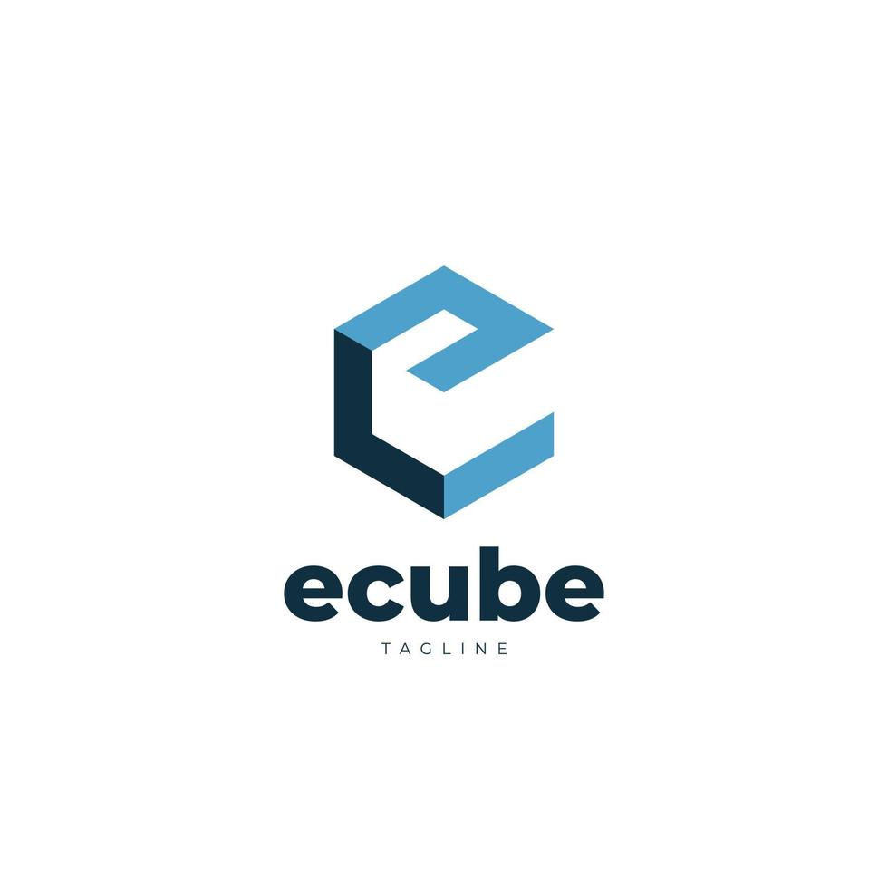 Simple Blue Letter E Cube Logo Design Template vector