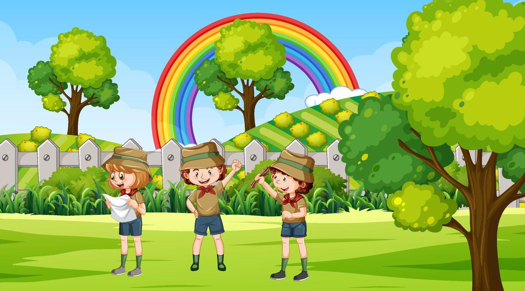 Scout kids hiking in the forest vector