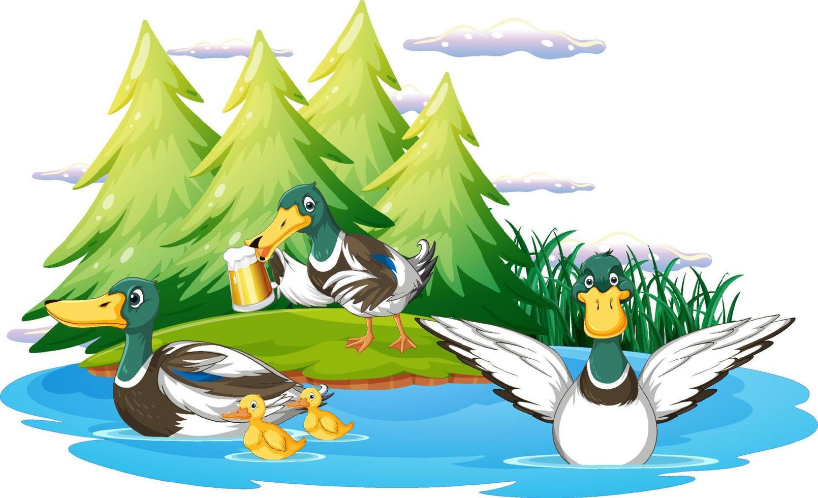 grupo de patos felices en la escena de la naturaleza vector