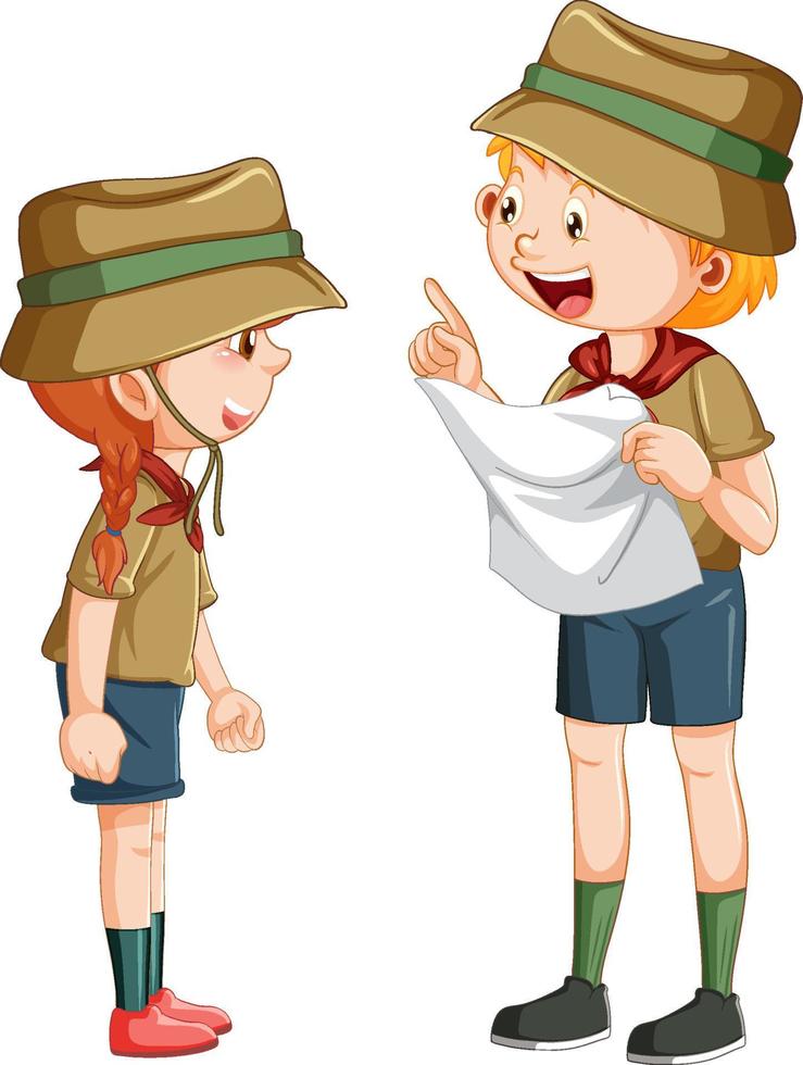 personaje de dibujos animados de niños de camping con el mapa vector